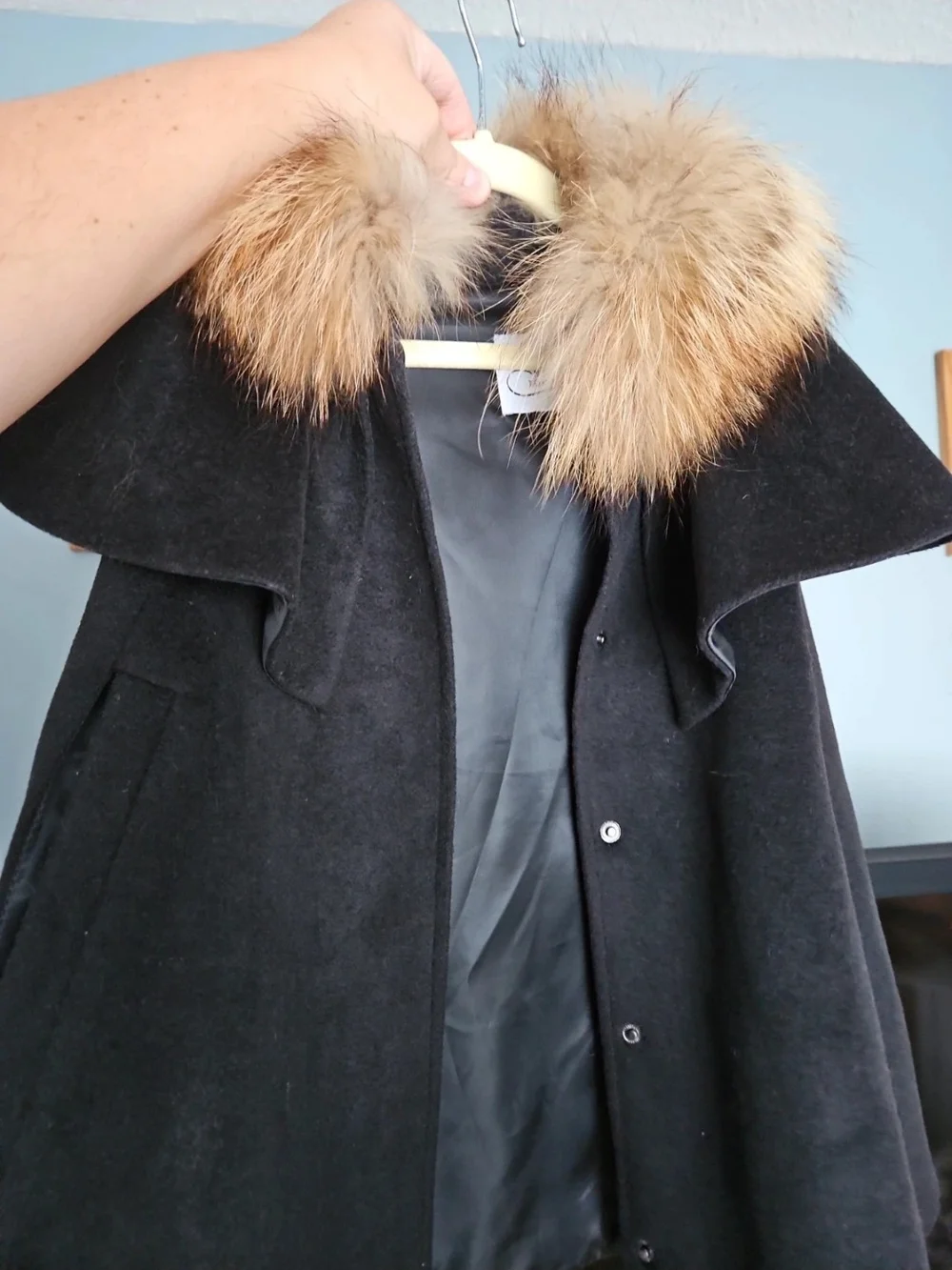 Kids Black Wool Cape with Real Fur Collar